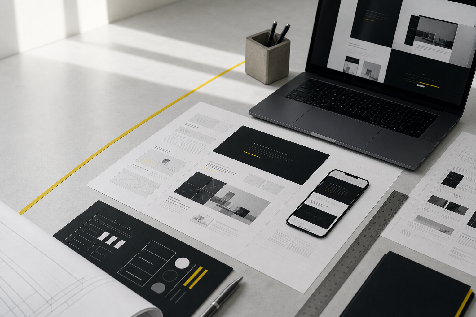 Mesa de criação com estudos de websites em papel, notebook e celular